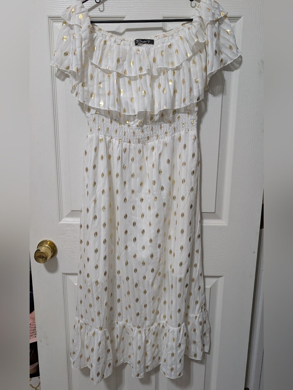 Simplee White Dress with Gold Dot Print and Ruffled Neckline Size small